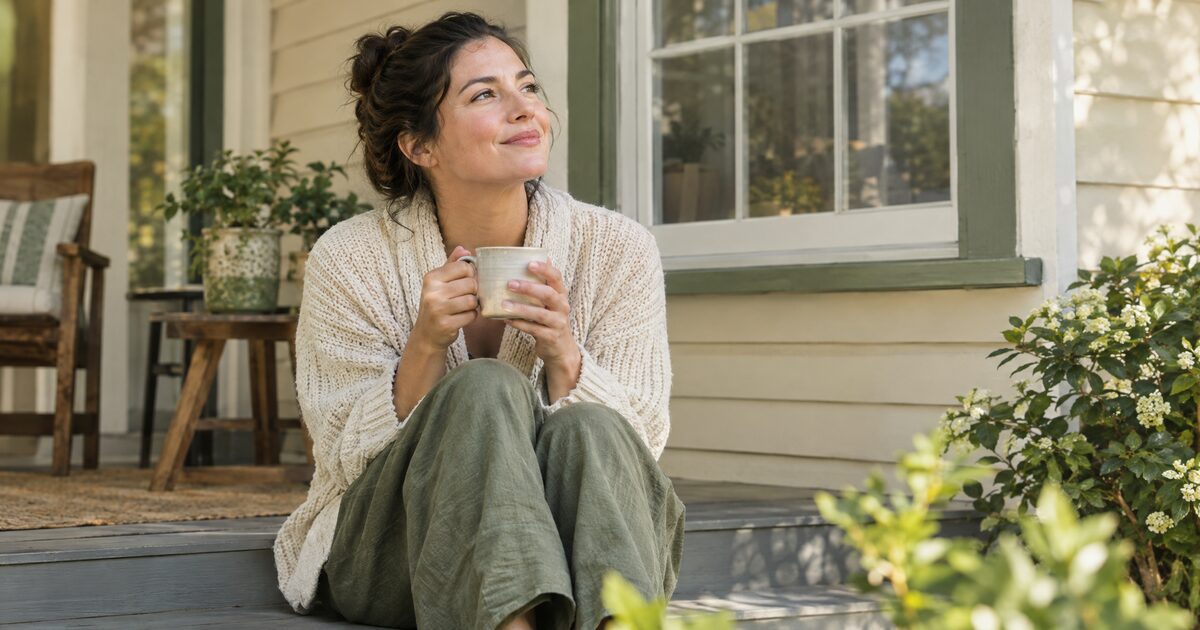 A family caregiver resting with a cup of tea in soft morning light