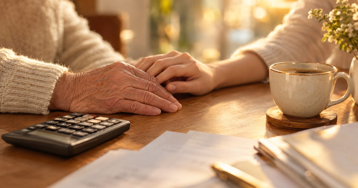 Hands near a coffee cup and calculator while planning senior care costs