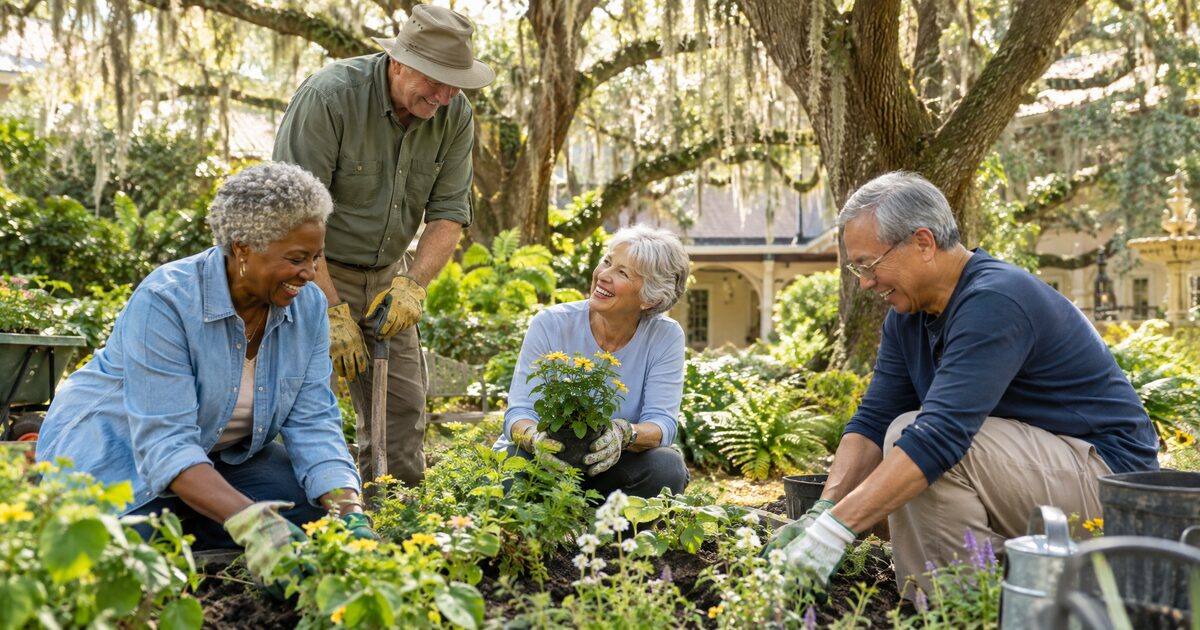 A group of senior residents gardening together under oak trees