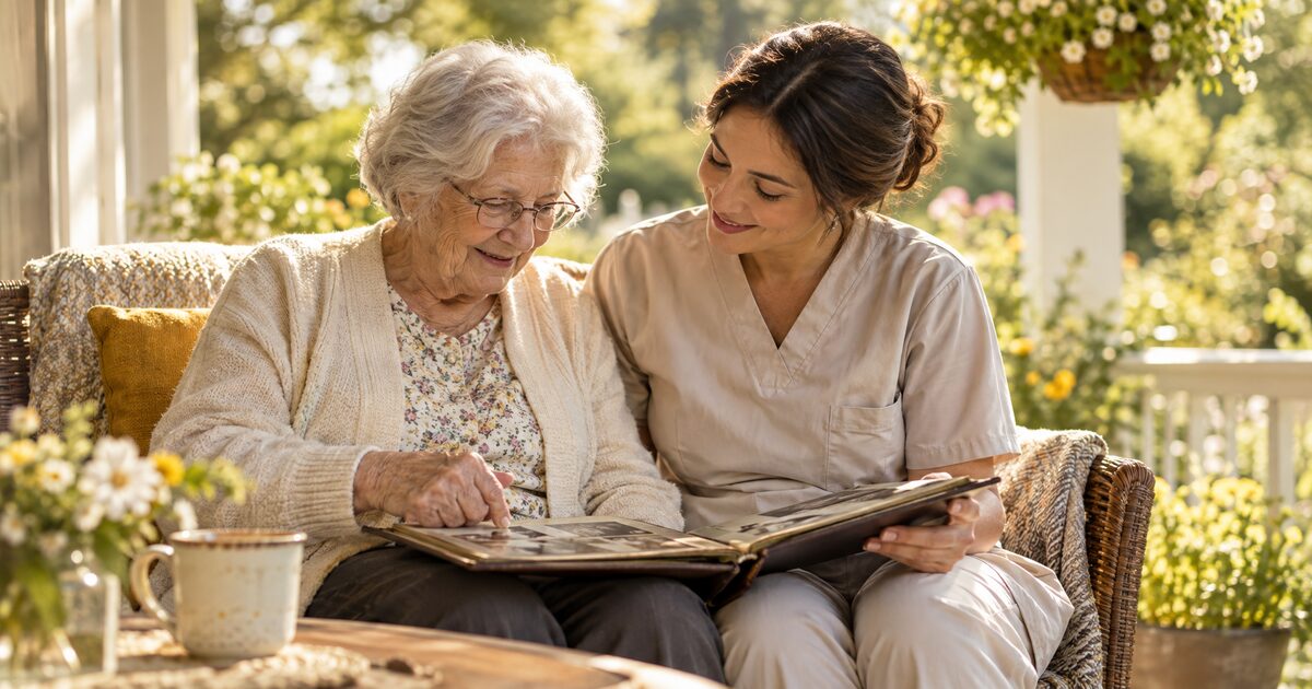 A caregiver and resident looking through a photo album together on a sunlit porch