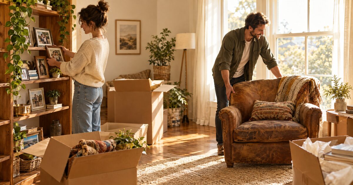 A sunlit room with moving boxes and family photos being unpacked